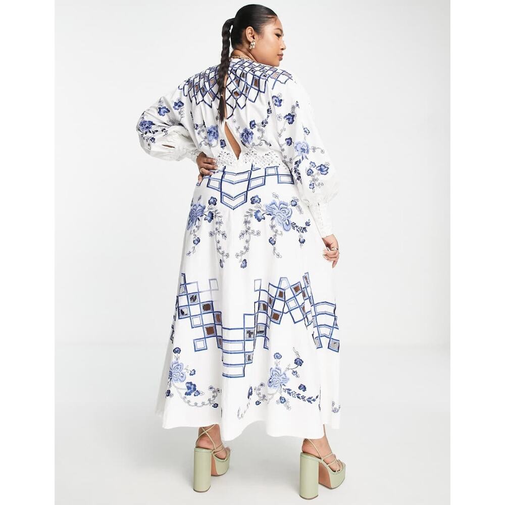 ASOS Embroidered Midi Dress With Cutwork and Lace Trim in Blue/White - US 14 - Picture 4 of 8